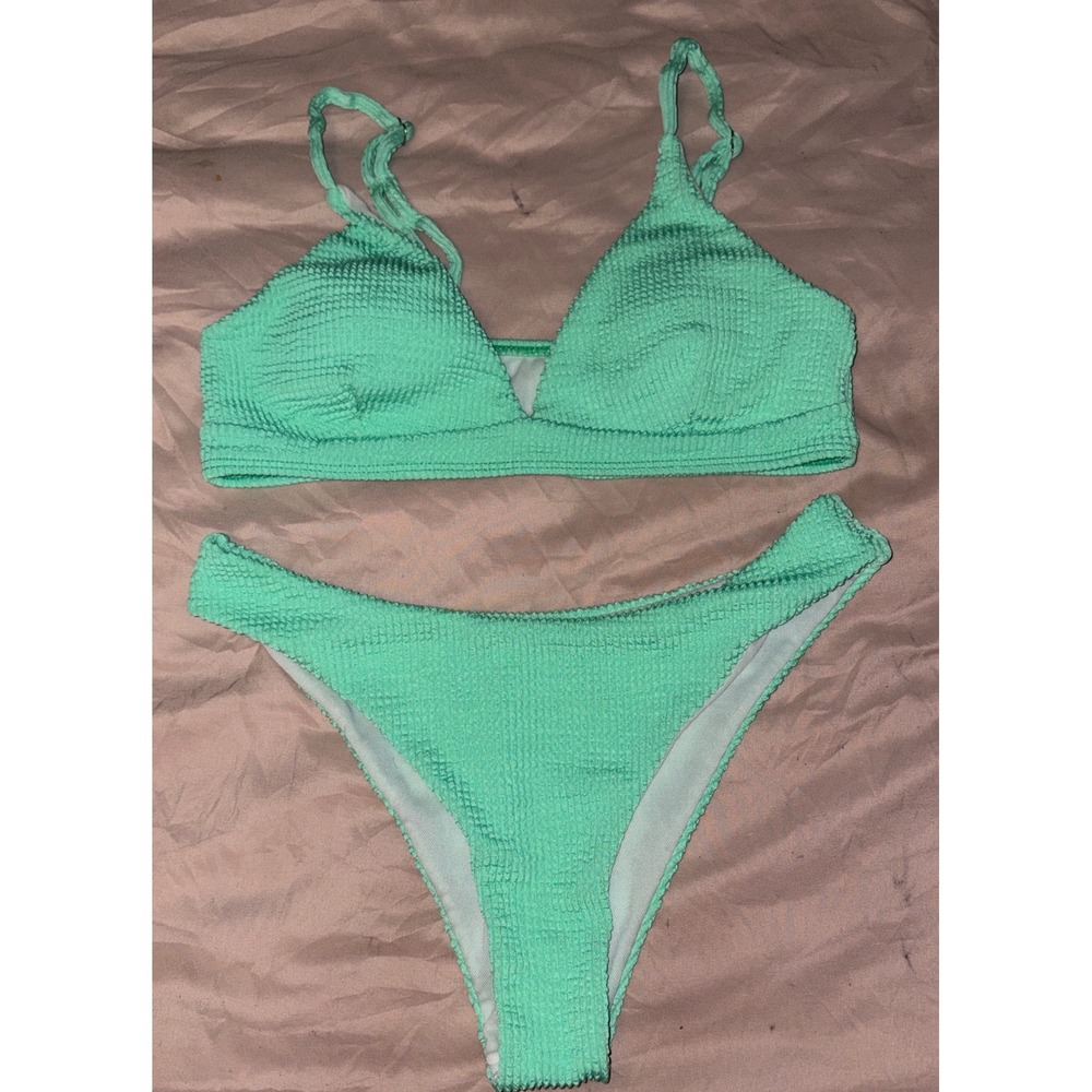 Women's Textured Green Hi Cut Cheeyâ Coverage 2pc Swimsuit Bikini, Medium